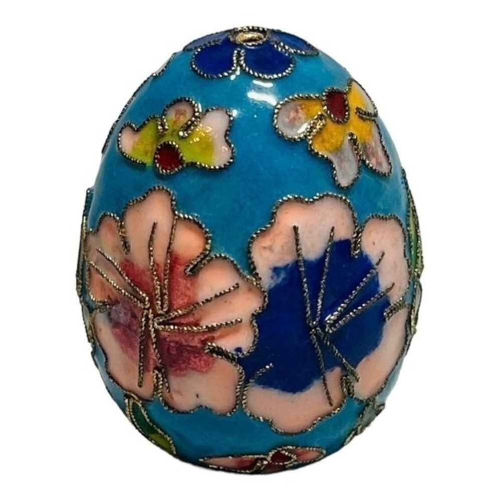 Vintage Asian Cloisonné Multicolored Enamel Floral Hand Painted Egg Figurine VG
